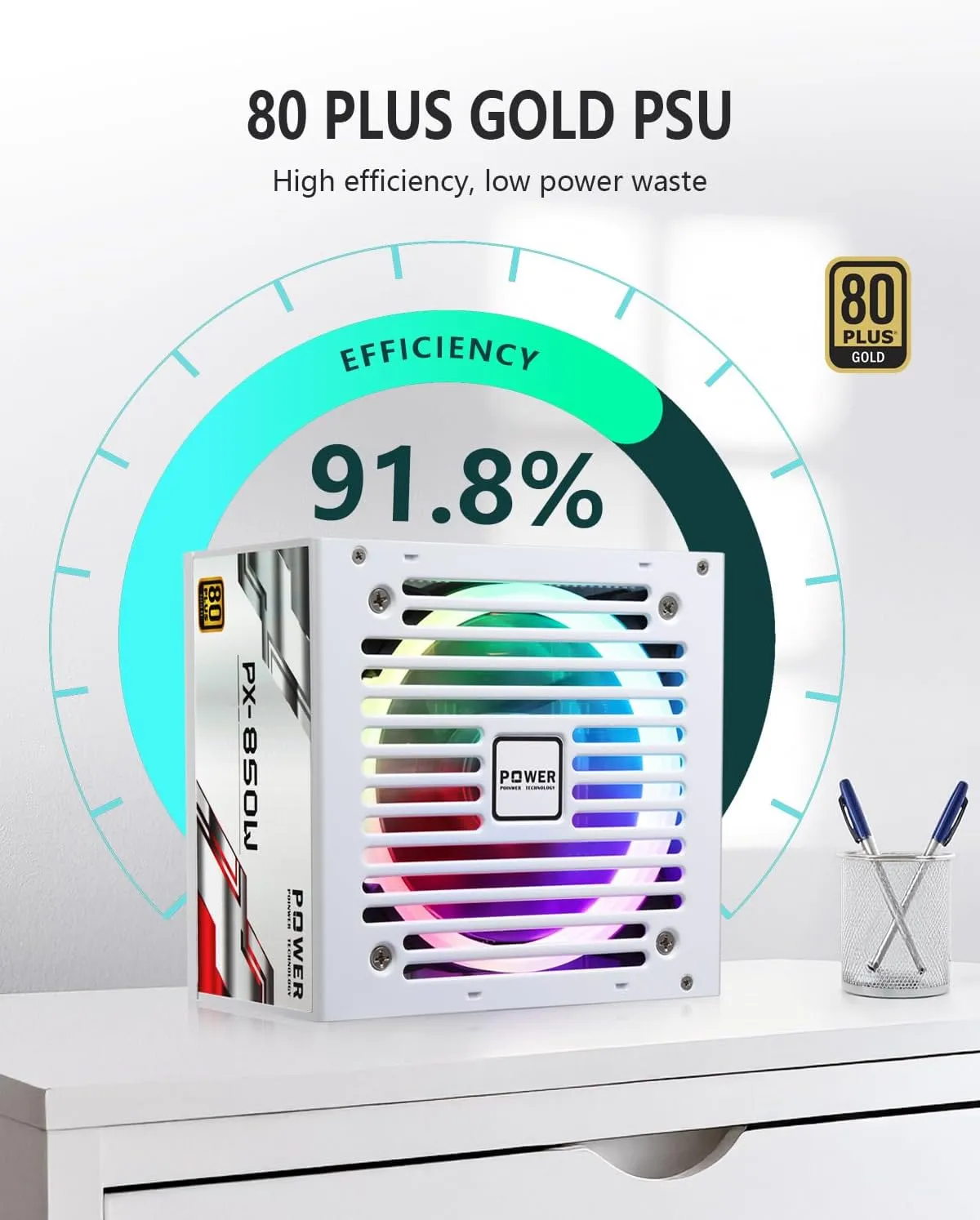 850W PSU – Fully Modular 850 Watt Power Supply, 80 Plus Gold, Silent RGB Fan, 105°C Capacitors, High Efficiency for Gaming & Workstations - White