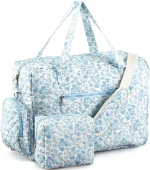 Abbylike 2 Pcs Quilted Duffle Bag Coquette Floral Duffle Bag with Makeup pouch Quilted Weekender Diaper tote with Shoe Compartment for Women Travel