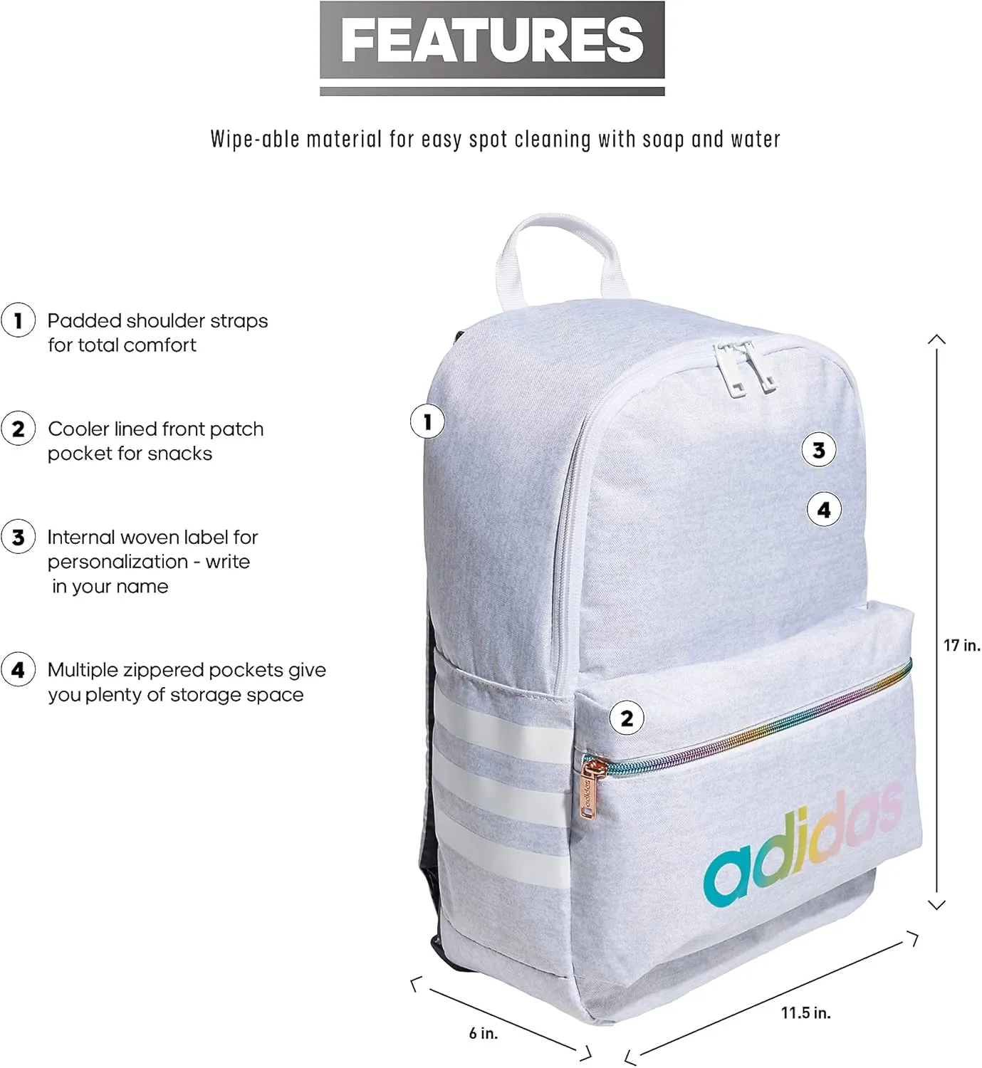 adidas Classic 3S Backpack for Boys and Girls, Jersey White/Rose Gold Rainbow, One Size