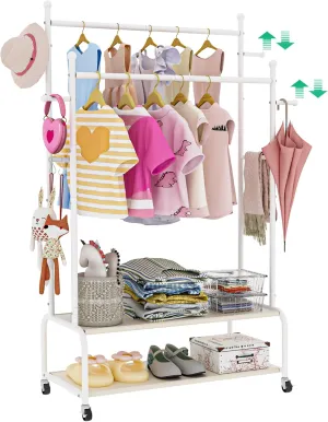 Adjustable Double Rods Kids Clothing Rack with Wheels, Dress Up Holder with 2 Bottom Storage Shelves, 4 Hooks, Small Baby Closet for Hanging Clothes, Kids Wardrobe Closet, Toddler Garment Rack, White
