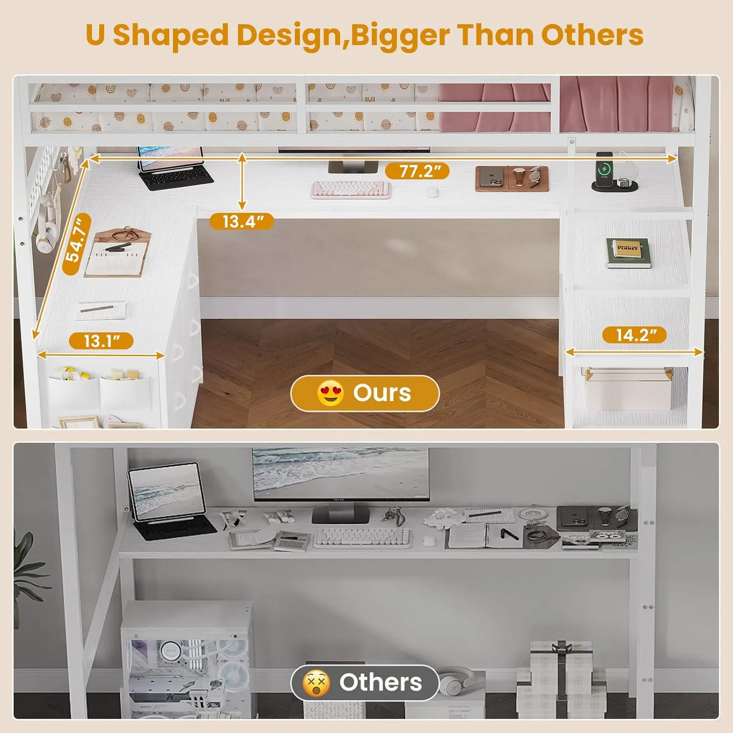 ADORNEVE Loft Bed Full Size with U-Shaped Desk, 6 Storage Drawers, Power Outlet, LED Metal Loft Bed with 2 Storage Shelves, Bed with Safety Guardrail & Ladders,Space-Saving,White