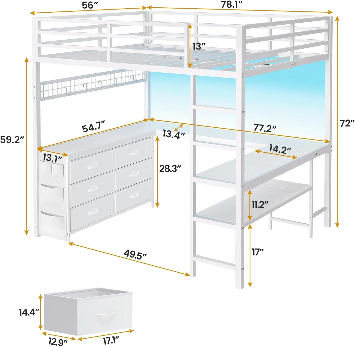 ADORNEVE Loft Bed Full Size with U-Shaped Desk, 6 Storage Drawers, Power Outlet, LED Metal Loft Bed with 2 Storage Shelves, Bed with Safety Guardrail & Ladders,Space-Saving,White