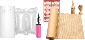 Air Pillows for Shipping Inflatable Packaging Air Bags with Pump 300 Count 4.72" x 9.84" and Dish Packing Kit Recyclable Packing Material for Glassware 12"x200' with Fragile Stickers