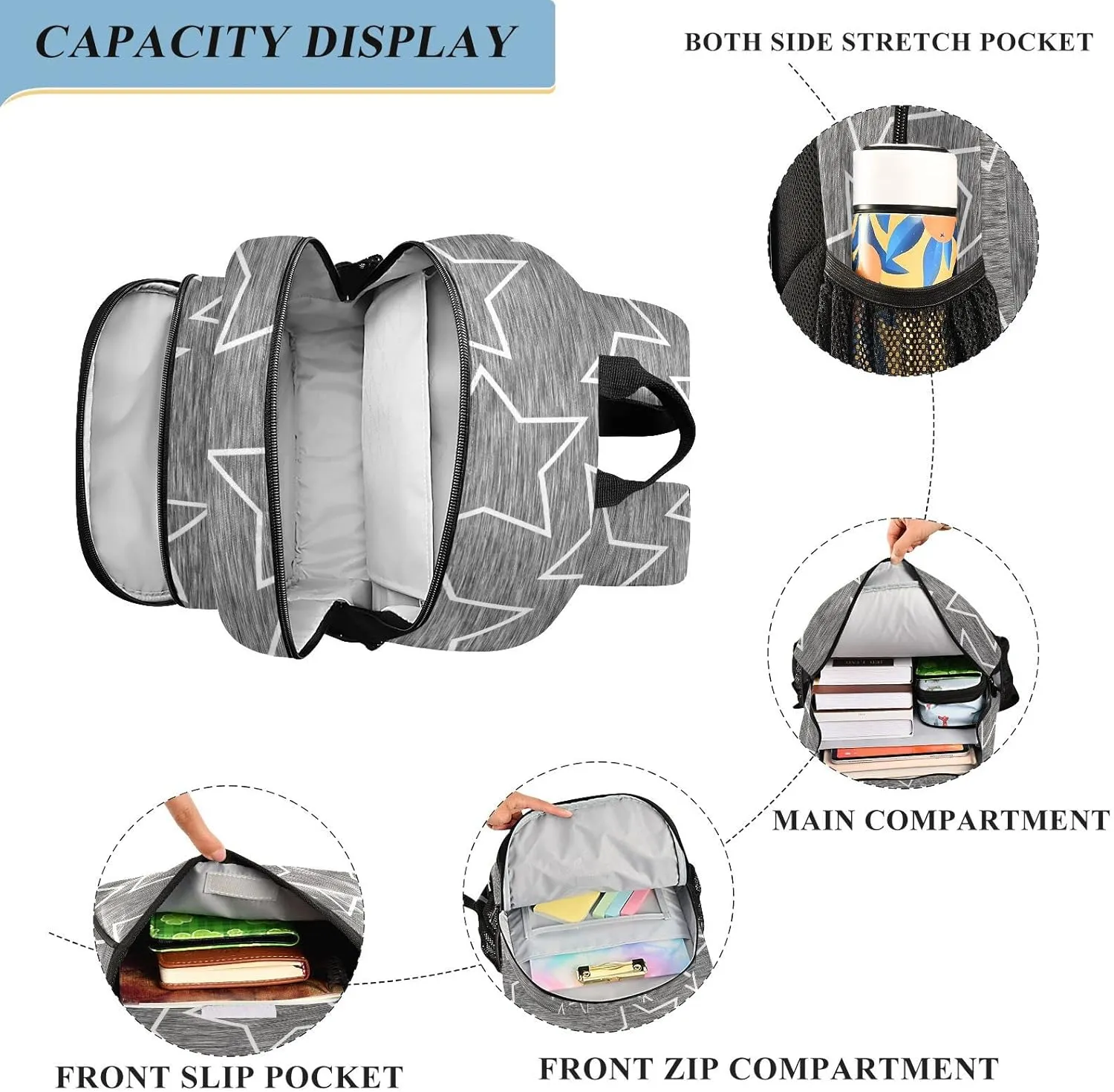 ALAZA Gray White Stars Casual Backpack Bag Travel Knapsack Bags