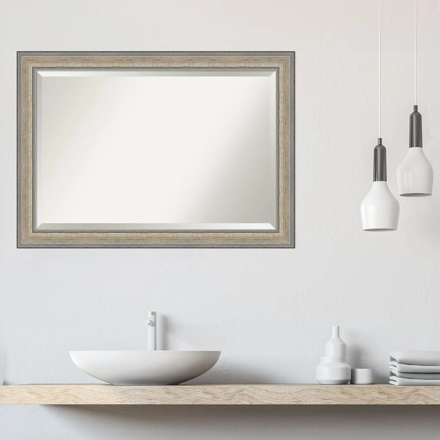 Amanti Art Silver Wall Mirror 29x41 Fleur Champagne Silver Rectangle Bathroom Mirror for Wall Decor Living Room, Large Traditional Wood Frame, Hangs Horizonally and Vertically, Bathroom Decor, Beveled