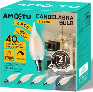 AMDTU E12 40 Watt Equivalent Frosted Small Base LED Bulb Candelabra Candle CA10 Dimmable Chandelier Light Ideal for Dining Rooms Living Rooms and bedrooms Long Lasting Light for Cozy Settings