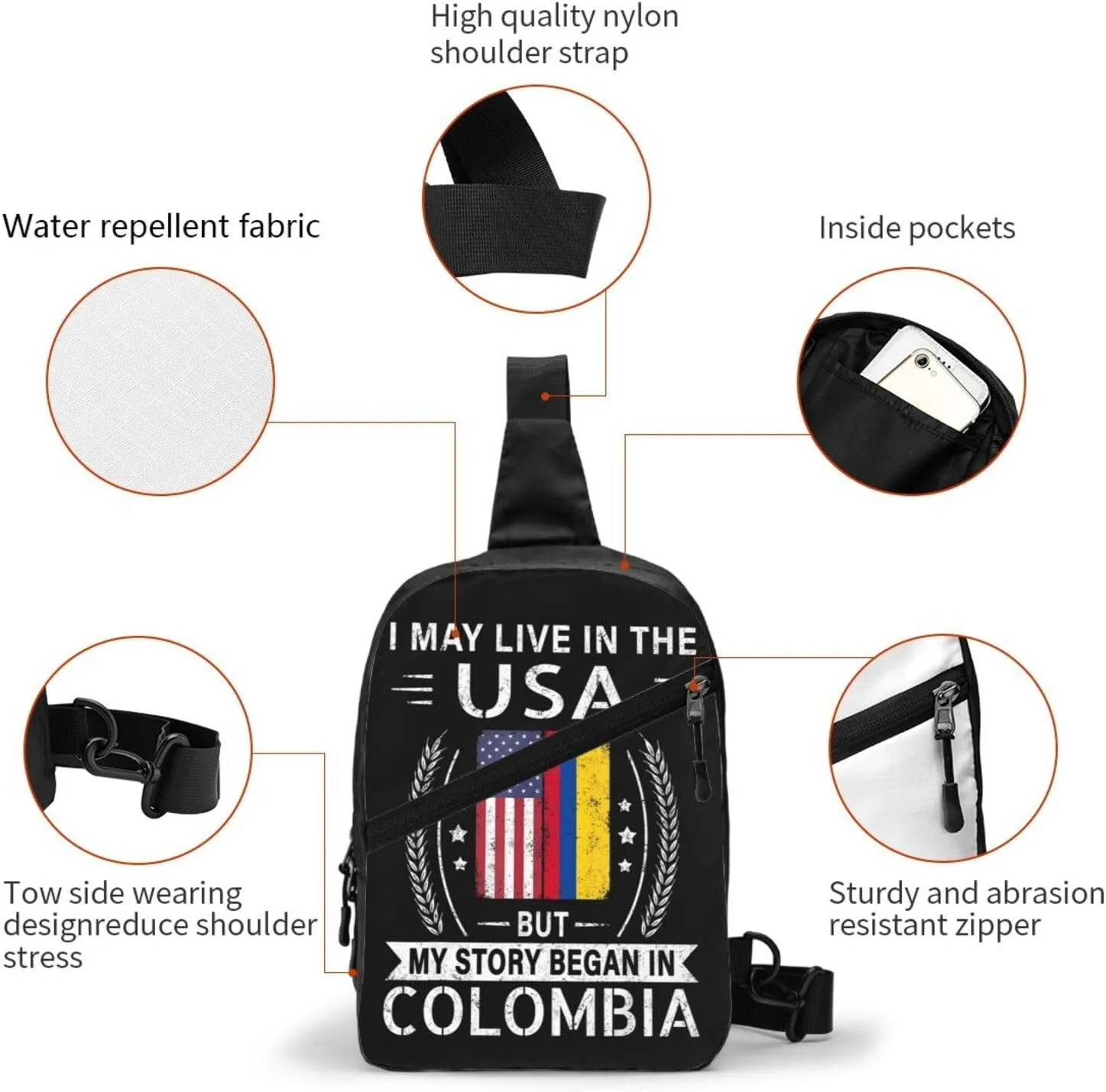 American Colombian Flag My Story Began In Colombia Packable Crossbody Bag Portable Sling Bags Foldable Travel Daypack Reusable Sports Shoulder Backpack Diagonally Chest Bag for Workout