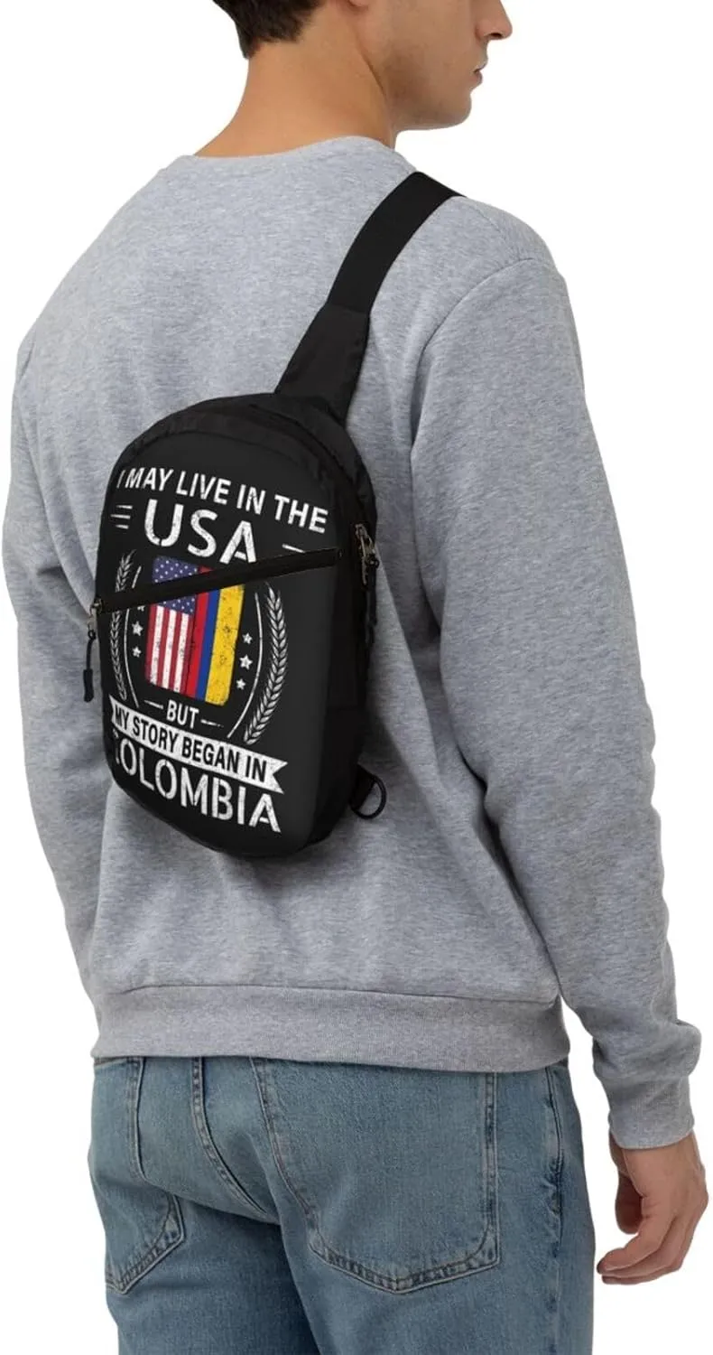 American Colombian Flag My Story Began In Colombia Packable Crossbody Bag Portable Sling Bags Foldable Travel Daypack Reusable Sports Shoulder Backpack Diagonally Chest Bag for Workout