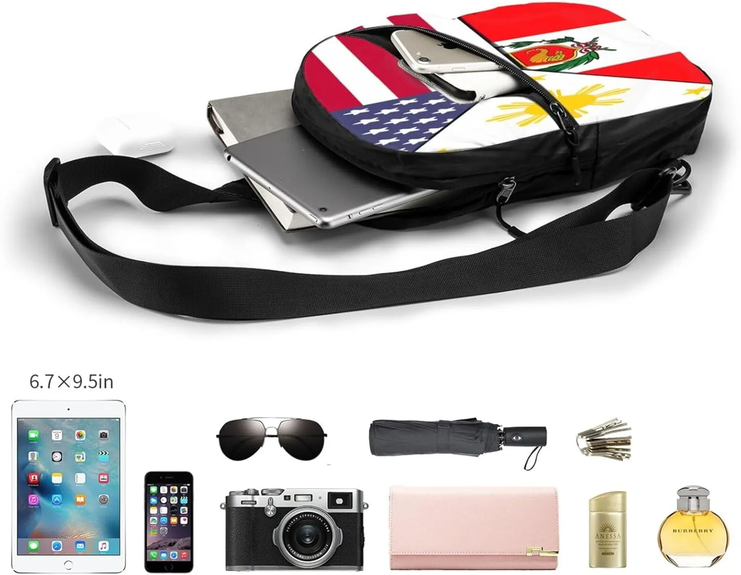 American Filipino Peru Peruvian Flag Crossbody Bag Portable Sling Bags Foldable Chest Daypack Reusable Sports Shoulder Backpack Diagonally Casual Rucksack Travel Bag