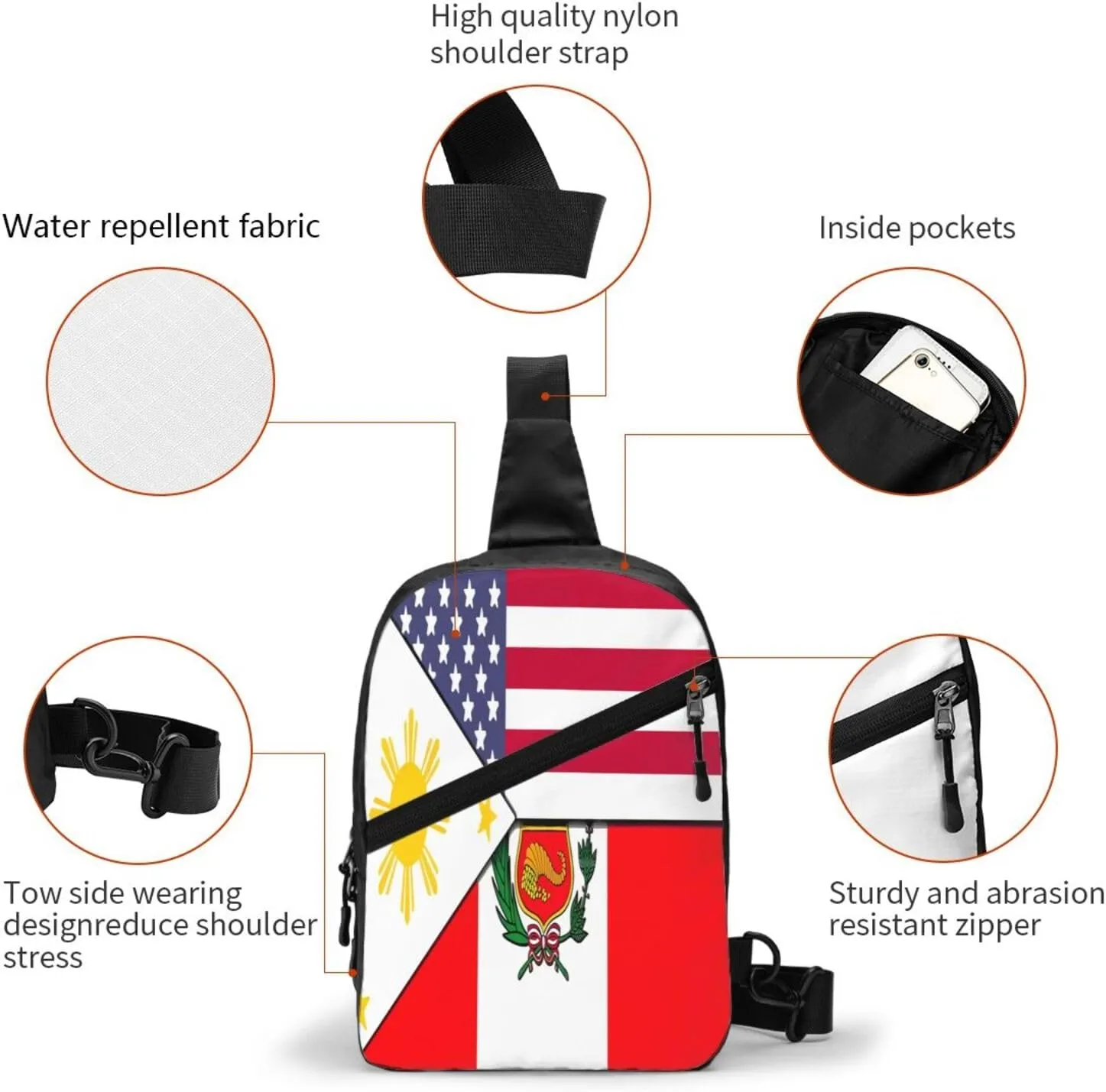 American Filipino Peru Peruvian Flag Crossbody Bag Portable Sling Bags Foldable Chest Daypack Reusable Sports Shoulder Backpack Diagonally Casual Rucksack Travel Bag