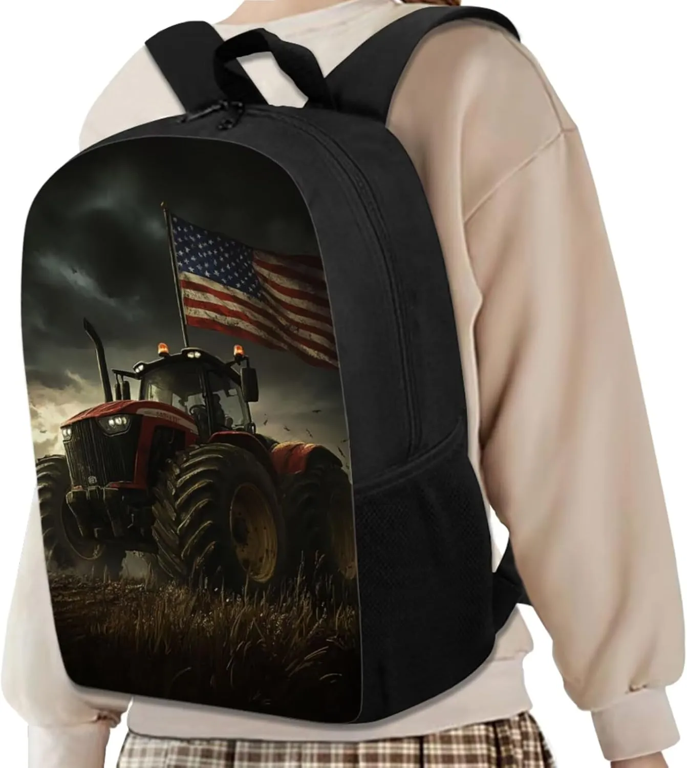 American Flag Bookbag for Boys with Lunch Box 4PCS Tractor Backpack Set with 17 Inch School Back Pack Pencil Case and Keychain for Elementary School Students Picnic