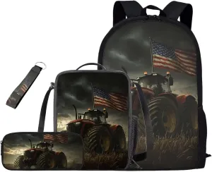 American Flag Bookbag for Boys with Lunch Box 4PCS Tractor Backpack Set with 17 Inch School Back Pack Pencil Case and Keychain for Elementary School Students Picnic