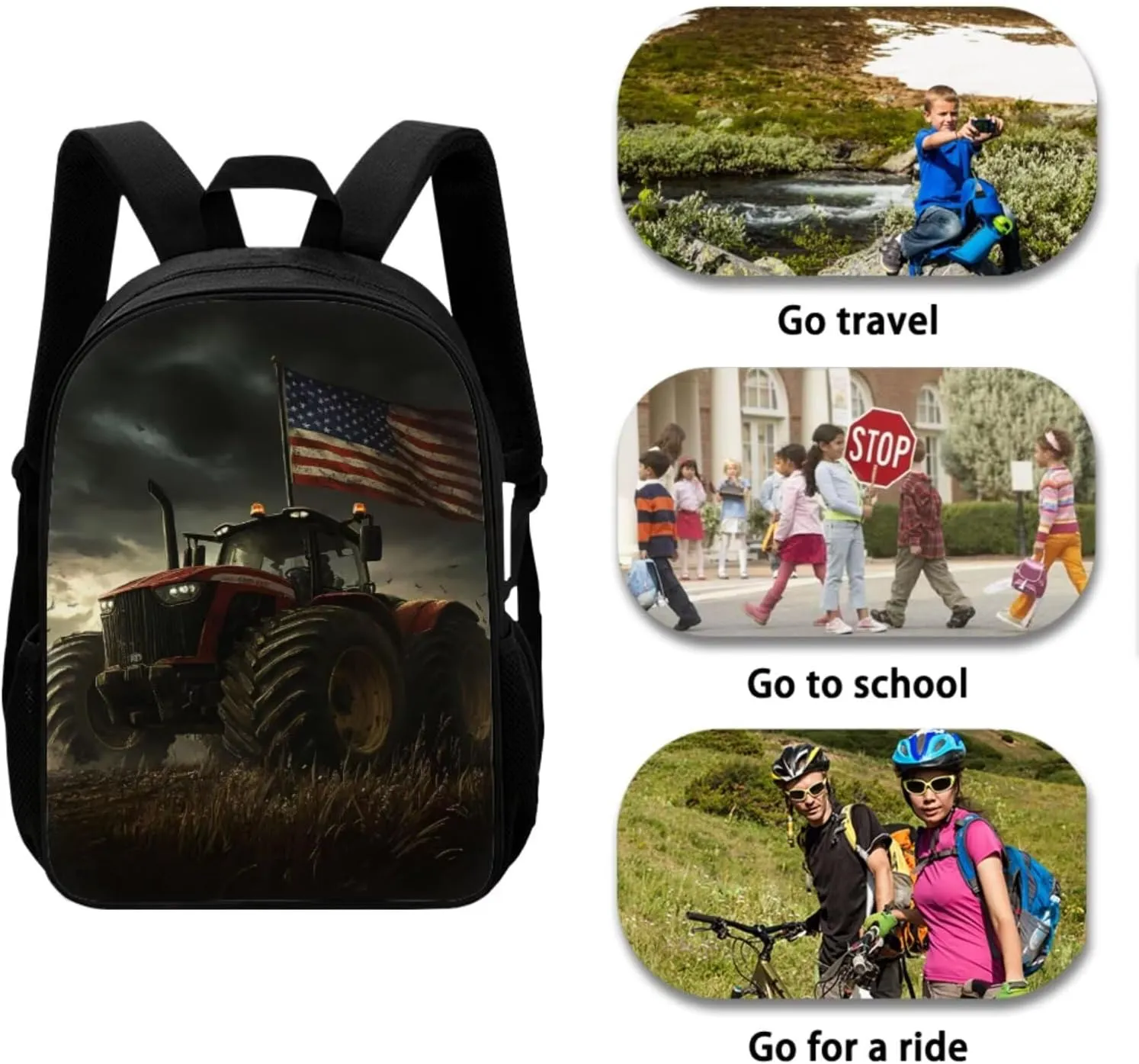 American Flag Bookbag for Boys with Lunch Box 4PCS Tractor Backpack Set with 17 Inch School Back Pack Pencil Case and Keychain for Elementary School Students Picnic
