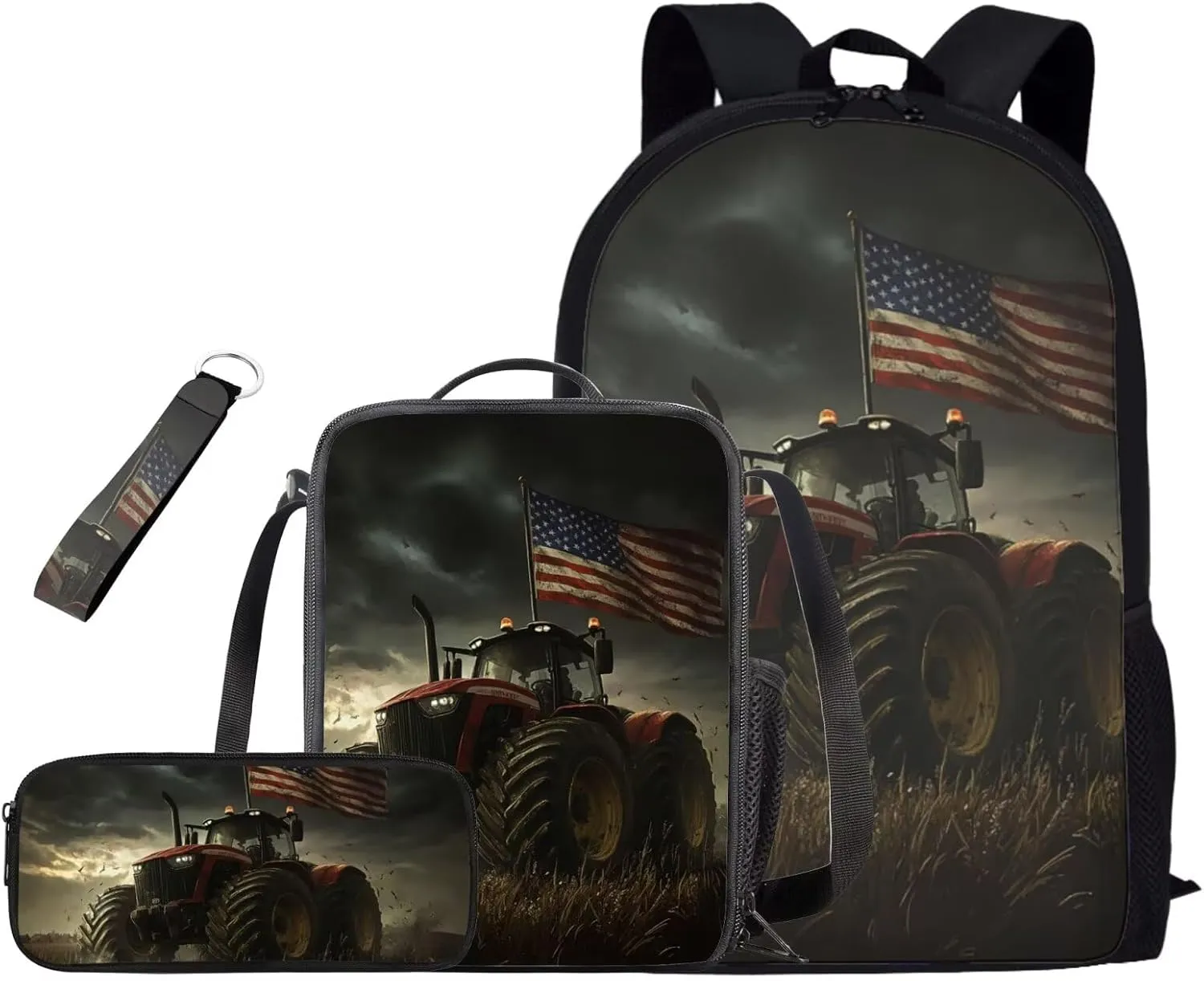 American Flag Bookbag for Boys with Lunch Box 4PCS Tractor Backpack Set with 17 Inch School Back Pack Pencil Case and Keychain for Elementary School Students Picnic