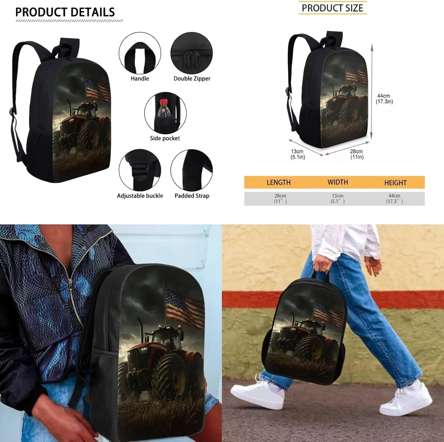 American Flag Bookbag for Boys with Lunch Box 4PCS Tractor Backpack Set with 17 Inch School Back Pack Pencil Case and Keychain for Elementary School Students Picnic