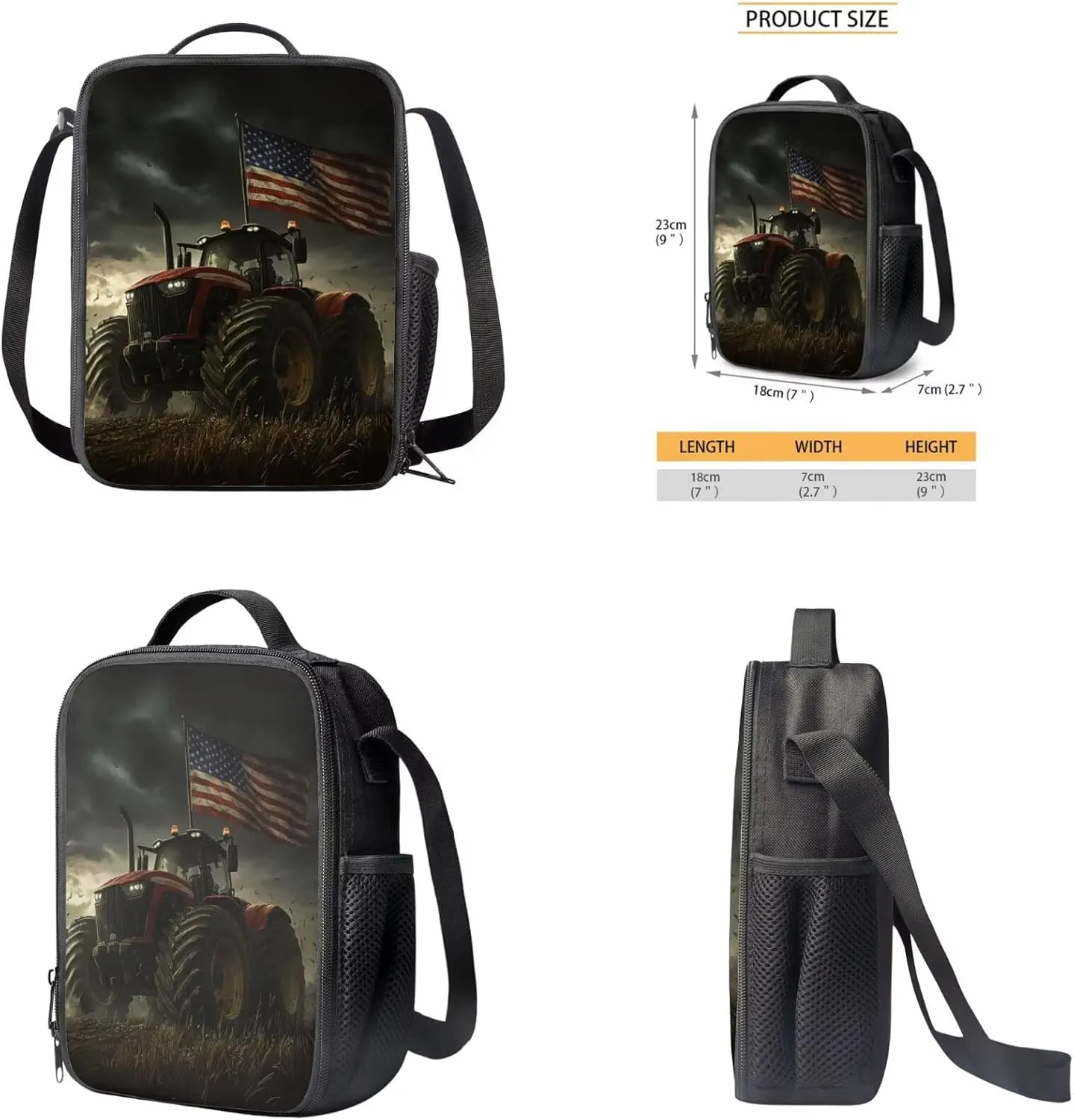 American Flag Bookbag for Boys with Lunch Box 4PCS Tractor Backpack Set with 17 Inch School Back Pack Pencil Case and Keychain for Elementary School Students Picnic