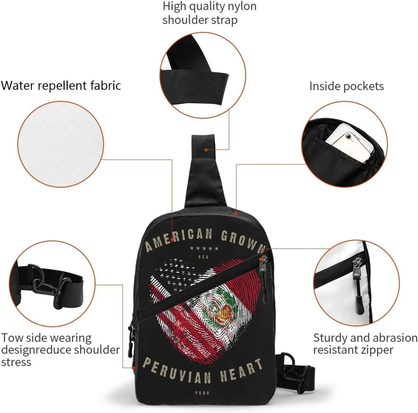 American Peruvian Peru Flag Heart Love Crossbody Bag Portable Sling Bags Foldable Chest Daypack Reusable Sports Shoulder Backpack Diagonally Casual Rucksack Travel Bag