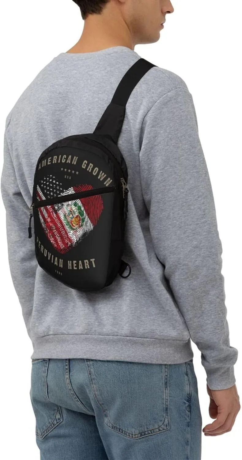 American Peruvian Peru Flag Heart Love Crossbody Bag Portable Sling Bags Foldable Chest Daypack Reusable Sports Shoulder Backpack Diagonally Casual Rucksack Travel Bag