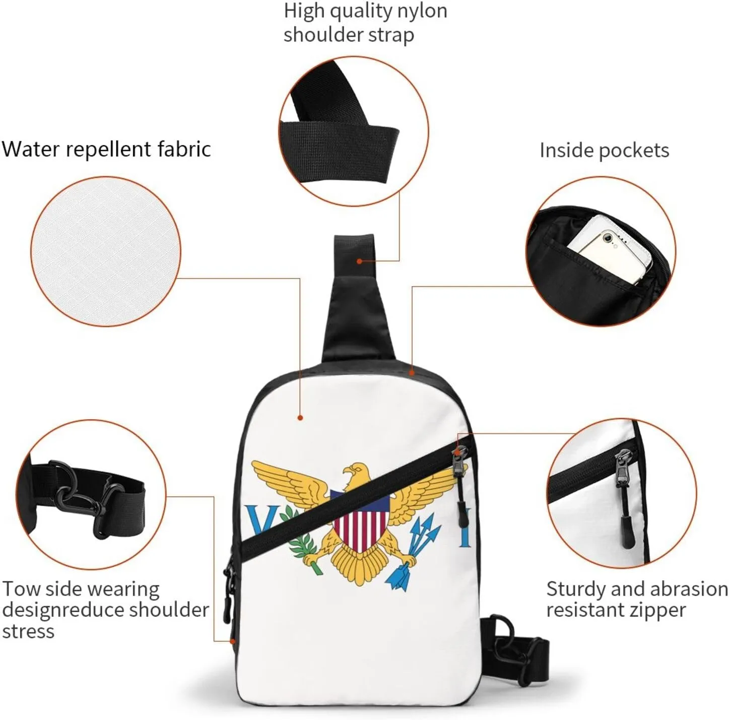 American Virgin Islands Flags Eagle Crossbody Bag Portable Sling Bags Foldable Chest Daypack Reusable Sports Shoulder Backpack Diagonally Casual Rucksack Travel Bag