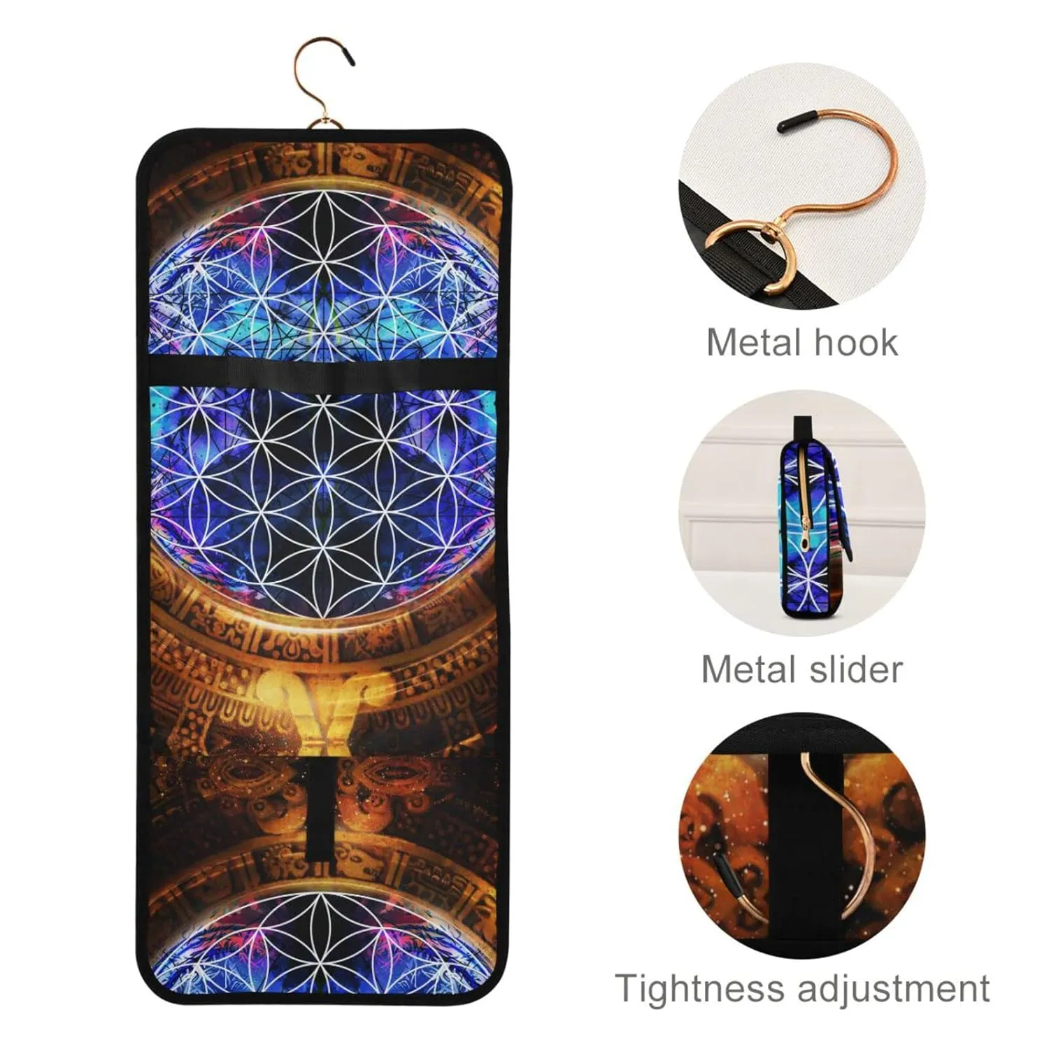 Ancient Mayan Calendar Purple Gold Pattern Flower of Life 1 PC Hanging Toiletry Wash bag Portable Makeup Organizer Brush Storage Case Portable Travel Cosmetic with Hook