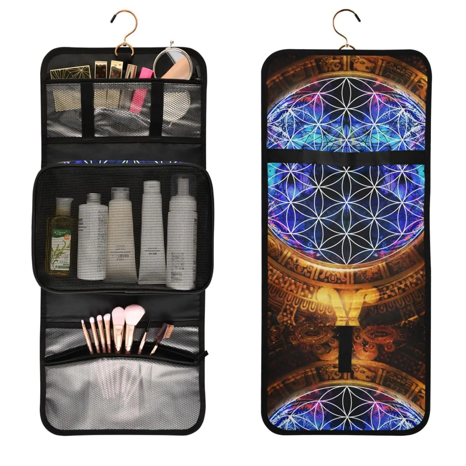 Ancient Mayan Calendar Purple Gold Pattern Flower of Life 1 PC Hanging Toiletry Wash bag Portable Makeup Organizer Brush Storage Case Portable Travel Cosmetic with Hook