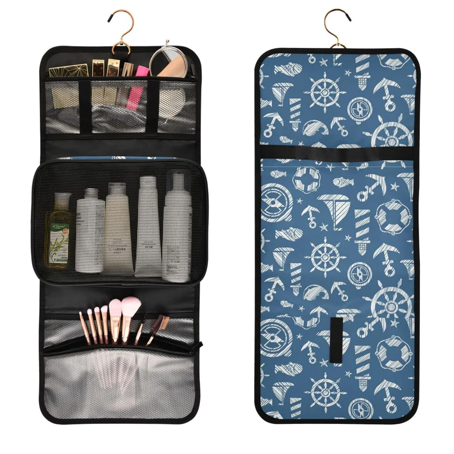 Ancient Mayan Calendar Purple Gold Pattern Flower of Life 1 PC Hanging Toiletry Wash bag Portable Makeup Organizer Brush Storage Case Portable Travel Cosmetic with Hook