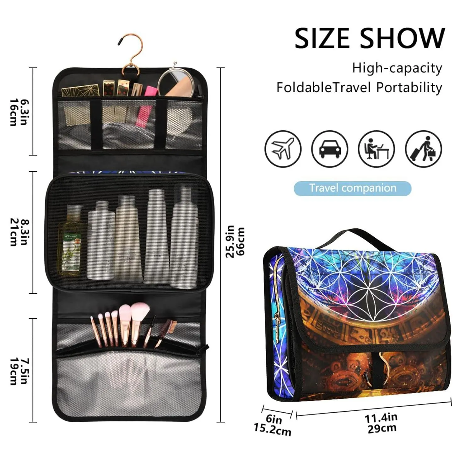 Ancient Mayan Calendar Purple Gold Pattern Flower of Life 1 PC Hanging Toiletry Wash bag Portable Makeup Organizer Brush Storage Case Portable Travel Cosmetic with Hook