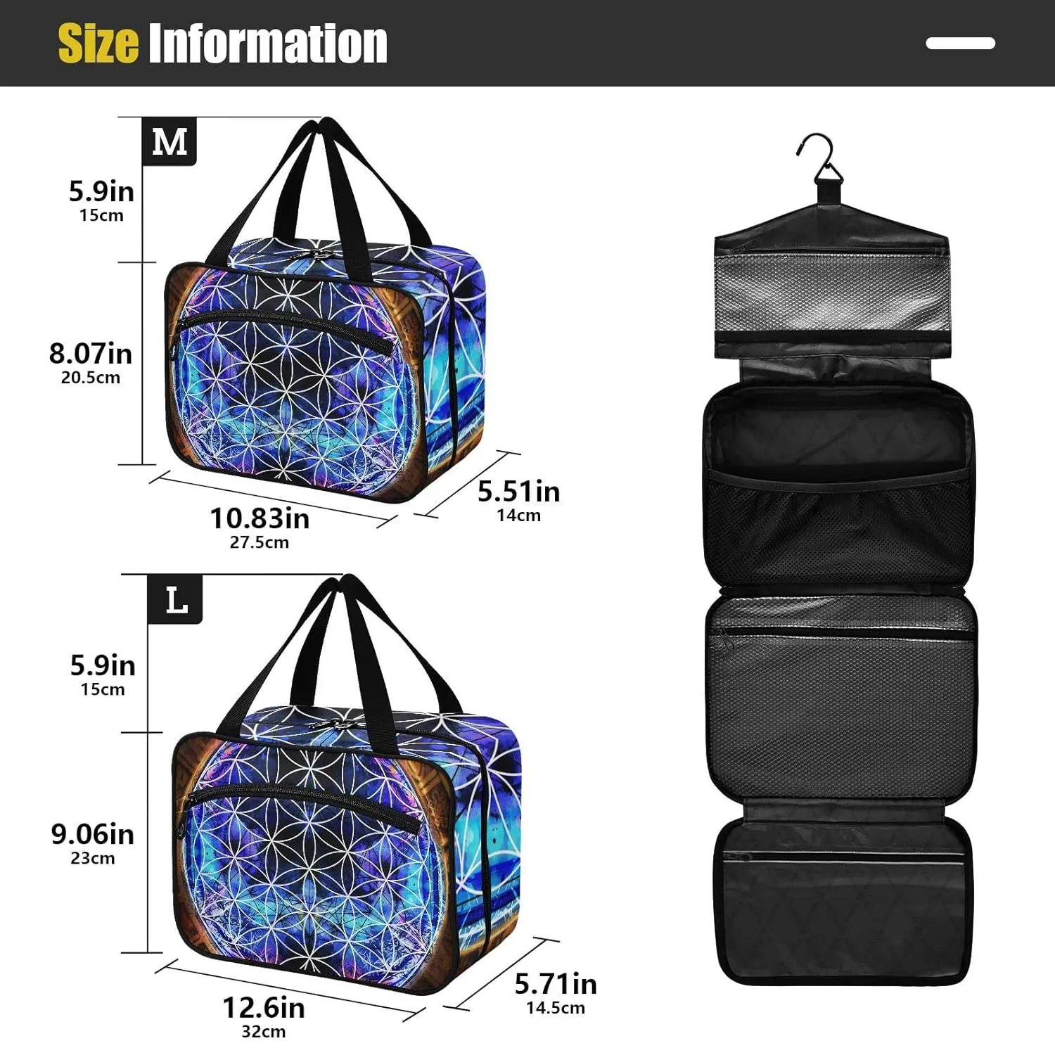 Ancient Mayan Calendar Purple Gold Pattern Flower of Life 1 PC Hanging Travel Wash bag with Handles, Portable Makeup Organizer Brush Storage Case Portable Travel Cosmetic with Hook M