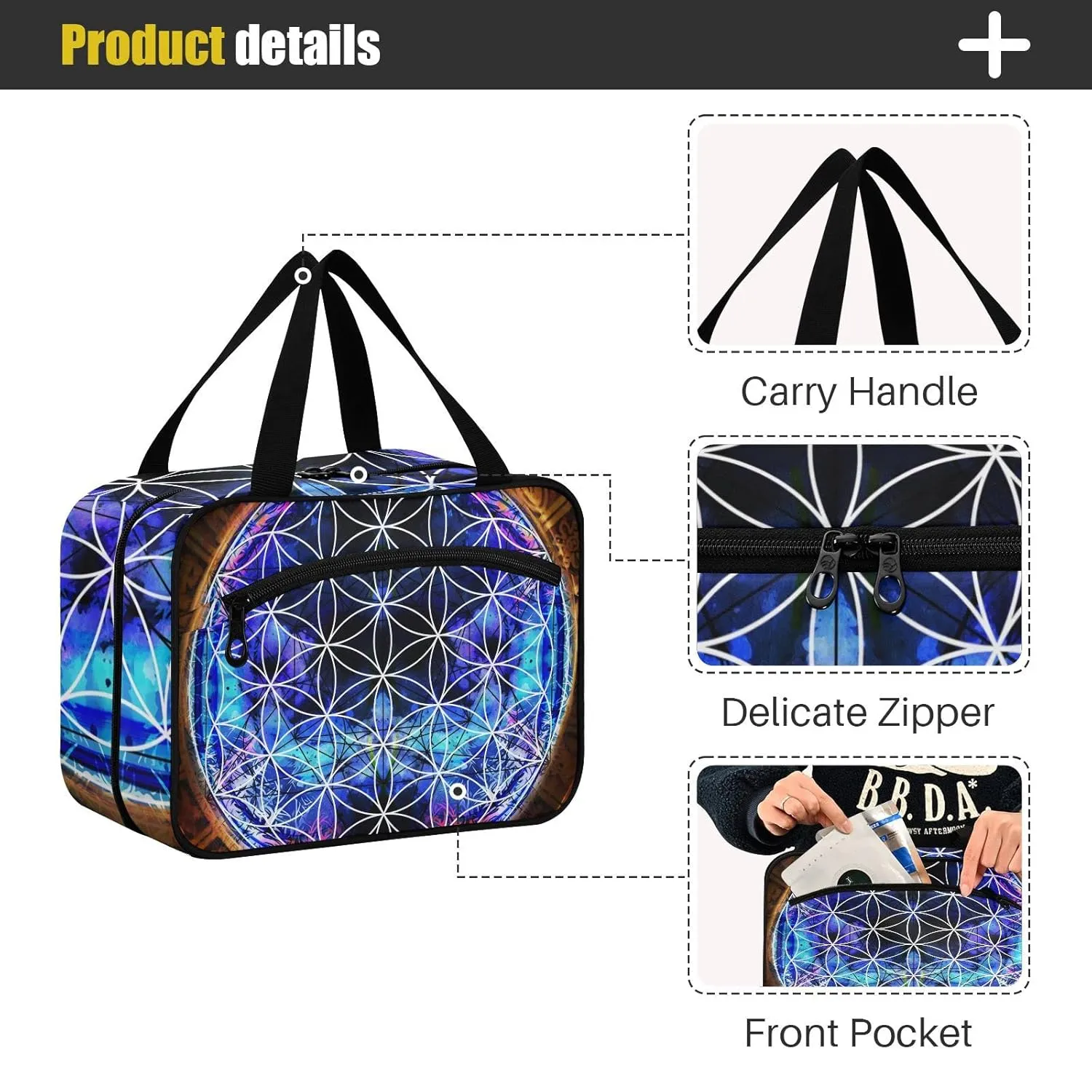 Ancient Mayan Calendar Purple Gold Pattern Flower of Life 1 PC Hanging Travel Wash bag with Handles, Portable Makeup Organizer Brush Storage Case Portable Travel Cosmetic with Hook M