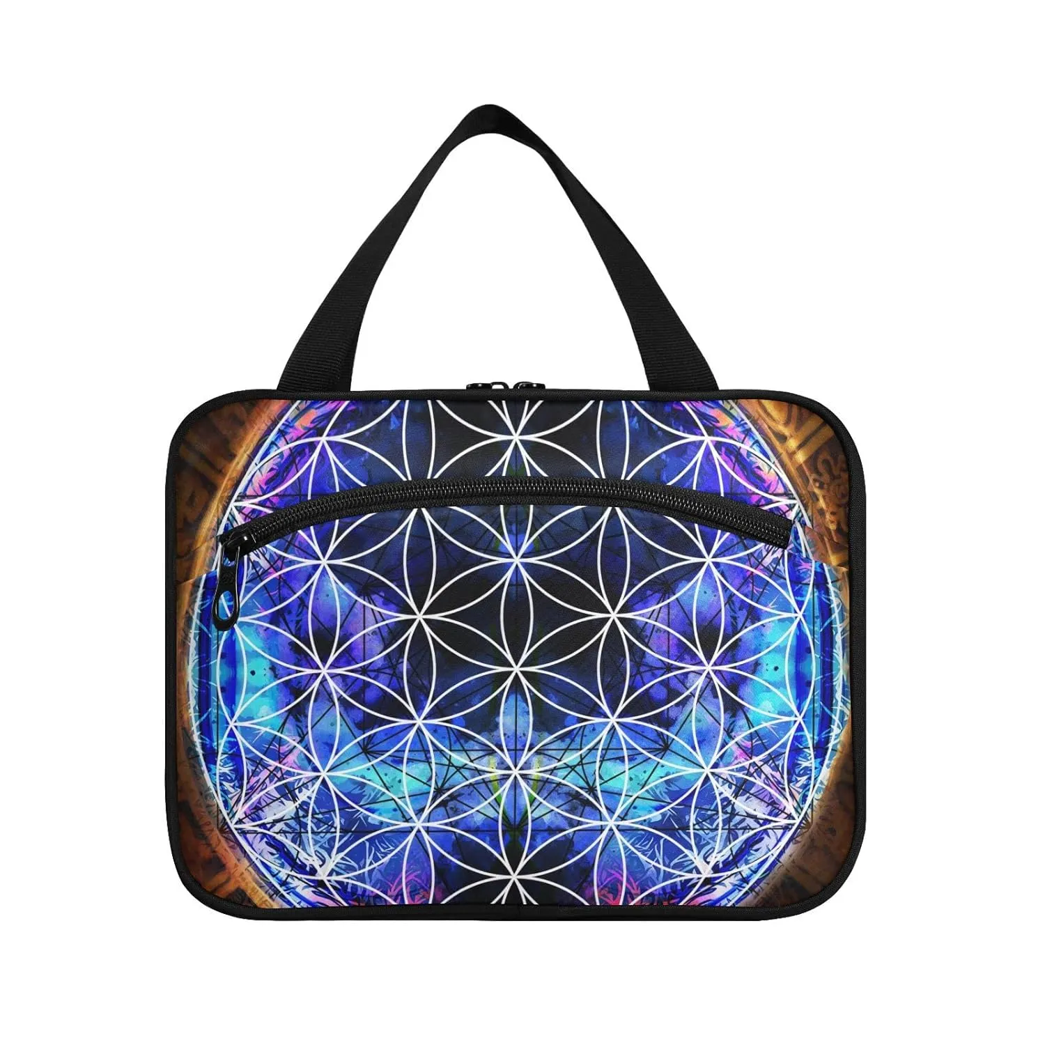 Ancient Mayan Calendar Purple Gold Pattern Flower of Life 1 PC Hanging Travel Wash bag with Handles, Portable Makeup Organizer Brush Storage Case Portable Travel Cosmetic with Hook M