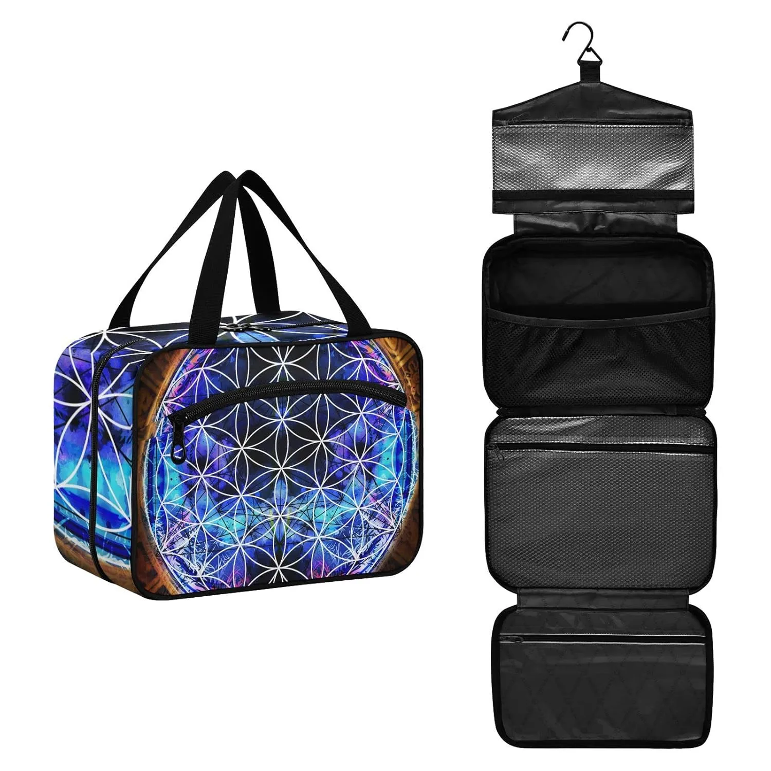 Ancient Mayan Calendar Purple Gold Pattern Flower of Life 1 PC Hanging Travel Wash bag with Handles, Portable Makeup Organizer Brush Storage Case Portable Travel Cosmetic with Hook M