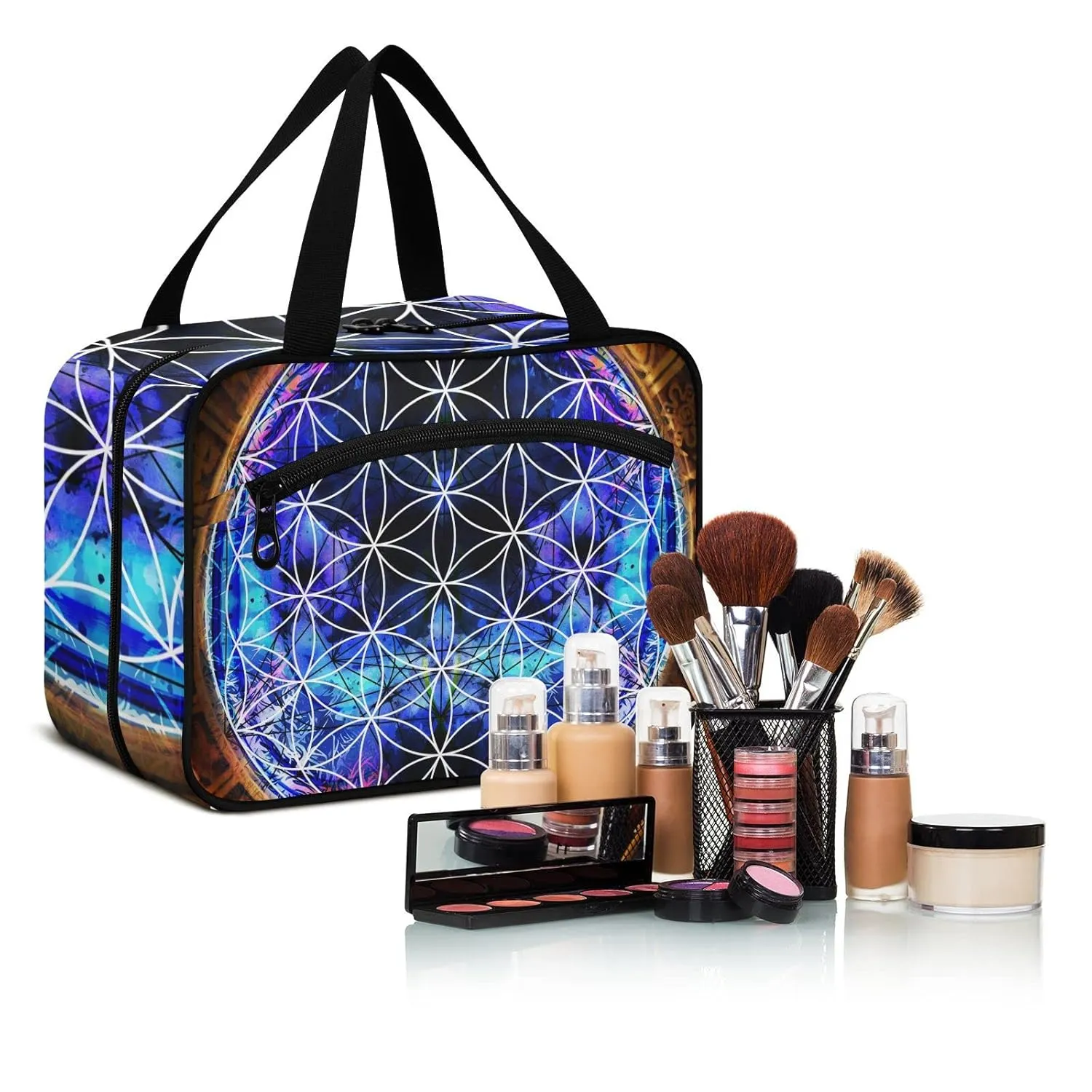 Ancient Mayan Calendar Purple Gold Pattern Flower of Life 1 PC Hanging Travel Wash bag with Handles, Portable Makeup Organizer Brush Storage Case Portable Travel Cosmetic with Hook M