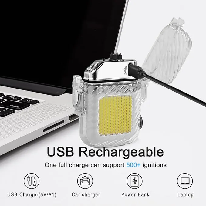 ARECTECH Electric Arc Dual Lighter Rechargeable Lighter 3 Modes of Flashlight Plasma Windproof Lighters Waterproof with Survival Emergency Whistle and Lanyard for Candle Outdoor Camping (Silver)
