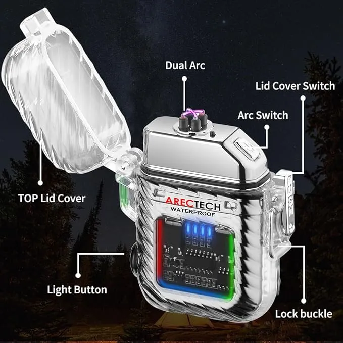 ARECTECH Electric Arc Dual Lighter Rechargeable Lighter 3 Modes of Flashlight Plasma Windproof Lighters Waterproof with Survival Emergency Whistle and Lanyard for Candle Outdoor Camping (Silver)