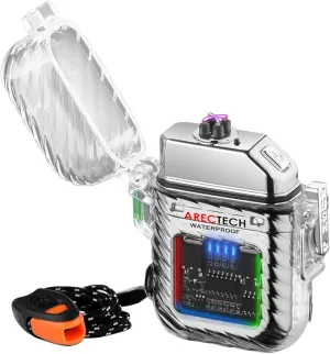 ARECTECH Electric Arc Dual Lighter Rechargeable Lighter 3 Modes of Flashlight Plasma Windproof Lighters Waterproof with Survival Emergency Whistle and Lanyard for Candle Outdoor Camping (Silver)