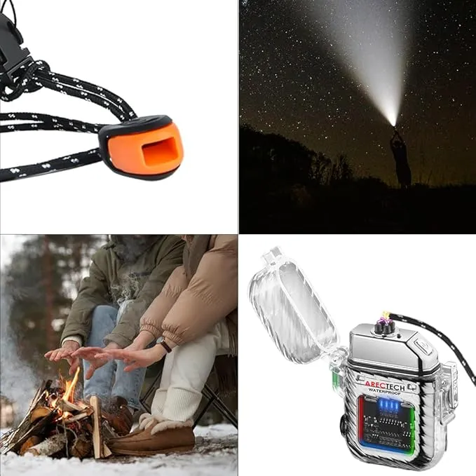 ARECTECH Electric Arc Dual Lighter Rechargeable Lighter 3 Modes of Flashlight Plasma Windproof Lighters Waterproof with Survival Emergency Whistle and Lanyard for Candle Outdoor Camping (Silver)