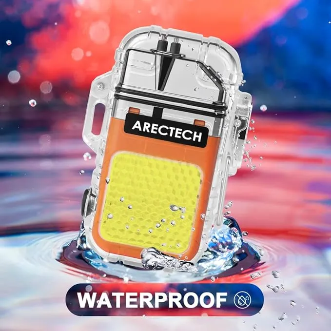 ARECTECH Rechargeable Lighter Electric Arc Dual Lighter 3 Modes of Flashlight Windproof Plasma Lighters Waterproof with Survival Emergency Whistle and Lanyard for Outdoor Candle Camping (Orange)