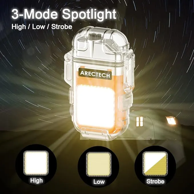ARECTECH Rechargeable Lighter Electric Arc Dual Lighter 3 Modes of Flashlight Windproof Plasma Lighters Waterproof with Survival Emergency Whistle and Lanyard for Outdoor Candle Camping (Orange)