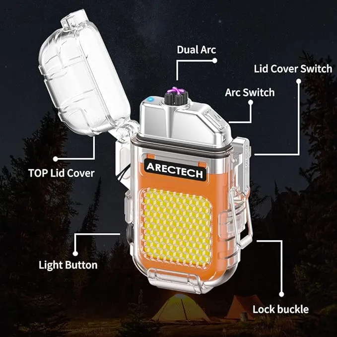 ARECTECH Rechargeable Lighter Electric Arc Dual Lighter 3 Modes of Flashlight Windproof Plasma Lighters Waterproof with Survival Emergency Whistle and Lanyard for Outdoor Candle Camping (Orange)