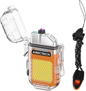ARECTECH Rechargeable Lighter Electric Arc Dual Lighter 3 Modes of Flashlight Windproof Plasma Lighters Waterproof with Survival Emergency Whistle and Lanyard for Outdoor Candle Camping (Orange)