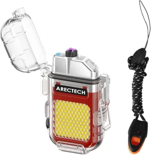 ARECTECH Rechargeable Lighter Electric Arc Dual Lighter 3 Modes of Flashlight Windproof Plasma Lighters Waterproof with Survival Emergency Whistle and Lanyard for Outdoor Candle Camping (Red)