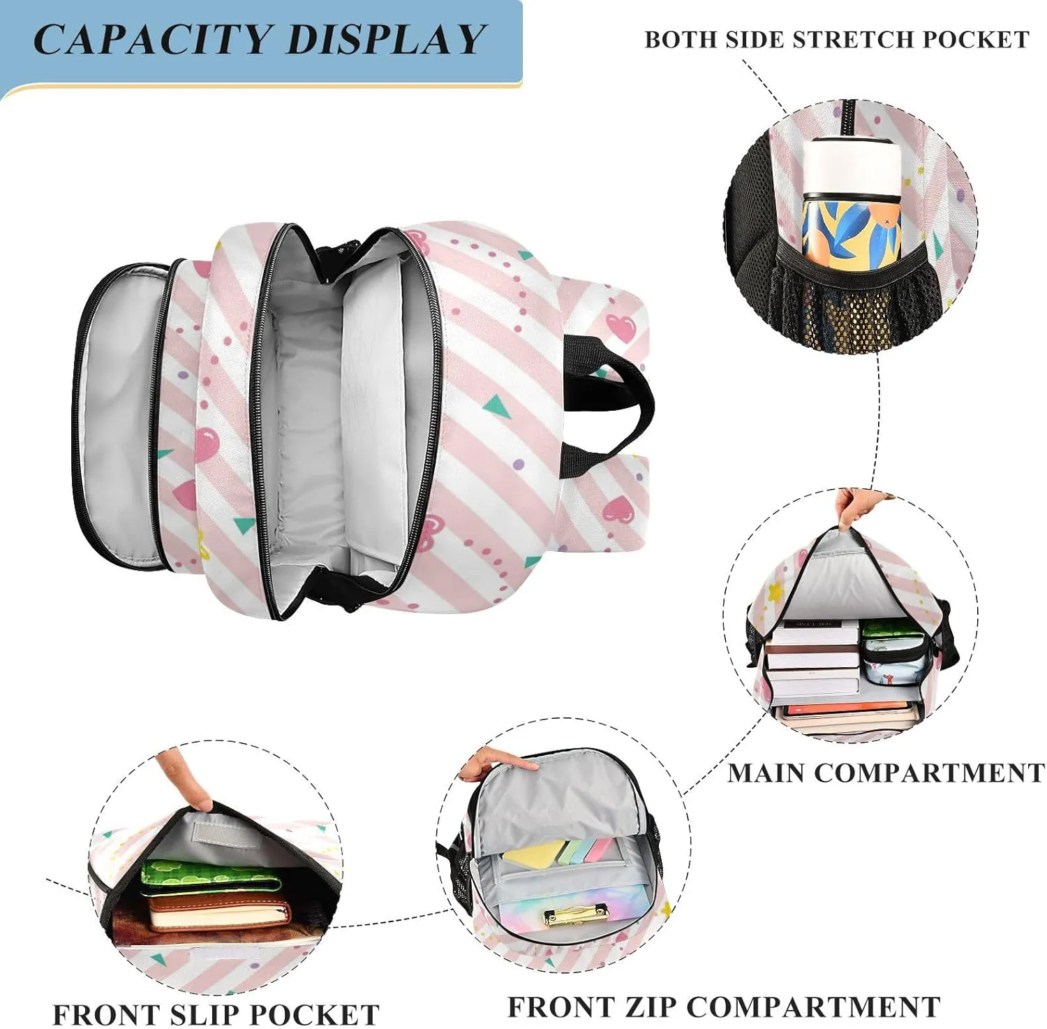 Aslsiy Kids Backpack Retro Cute Heart Star School Backpack for Boys Girls Stripe Book Bags Daycare 17 Inch Laptop Bag