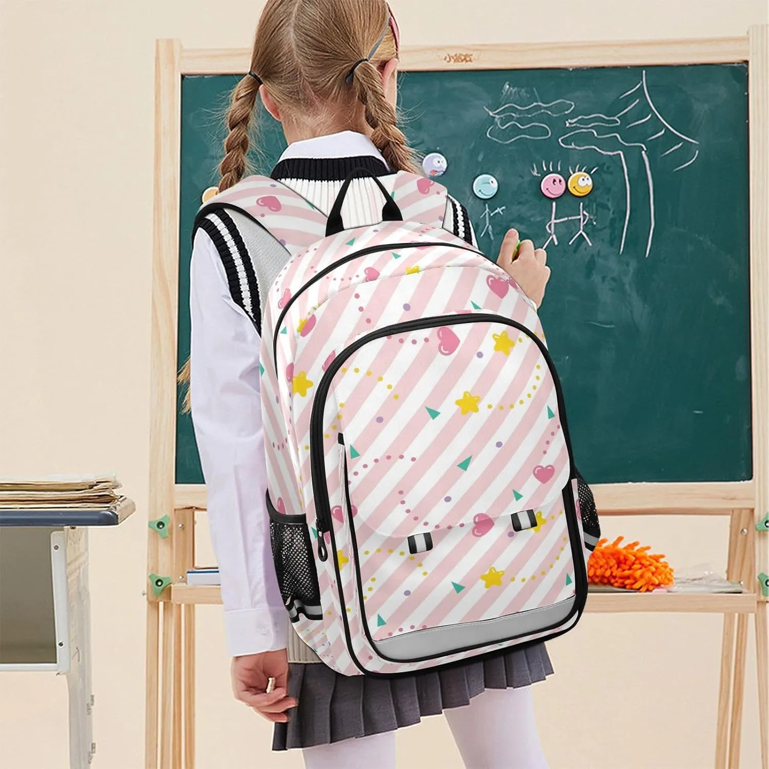 Aslsiy Kids Backpack Retro Cute Heart Star School Backpack for Boys Girls Stripe Book Bags Daycare 17 Inch Laptop Bag