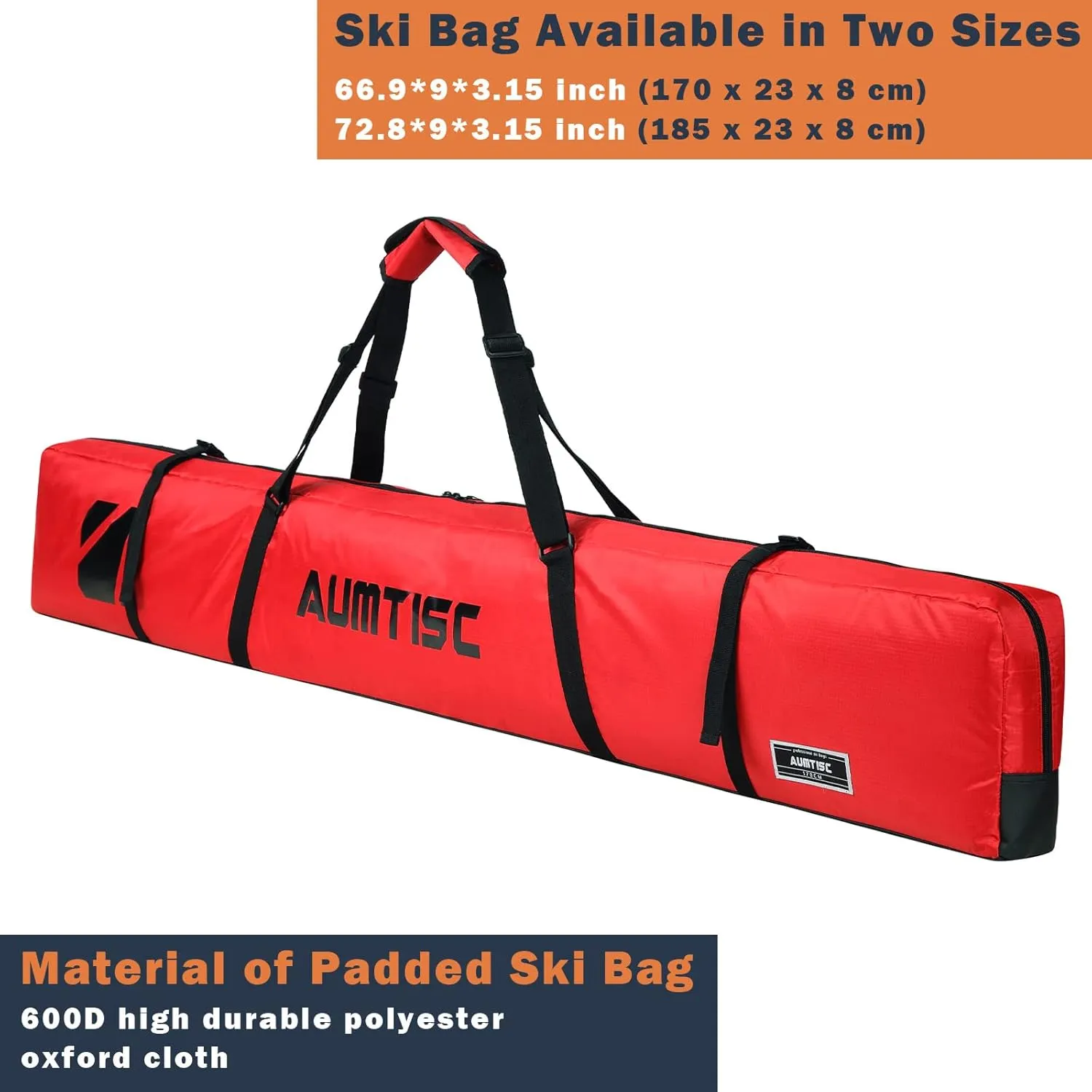 AUMTISC Fully Padded Ski Bag, Single Ski Travel Bags to Transport Skis Gear with Pocket and Adjustable Shoulder Strap, 170 185 cm