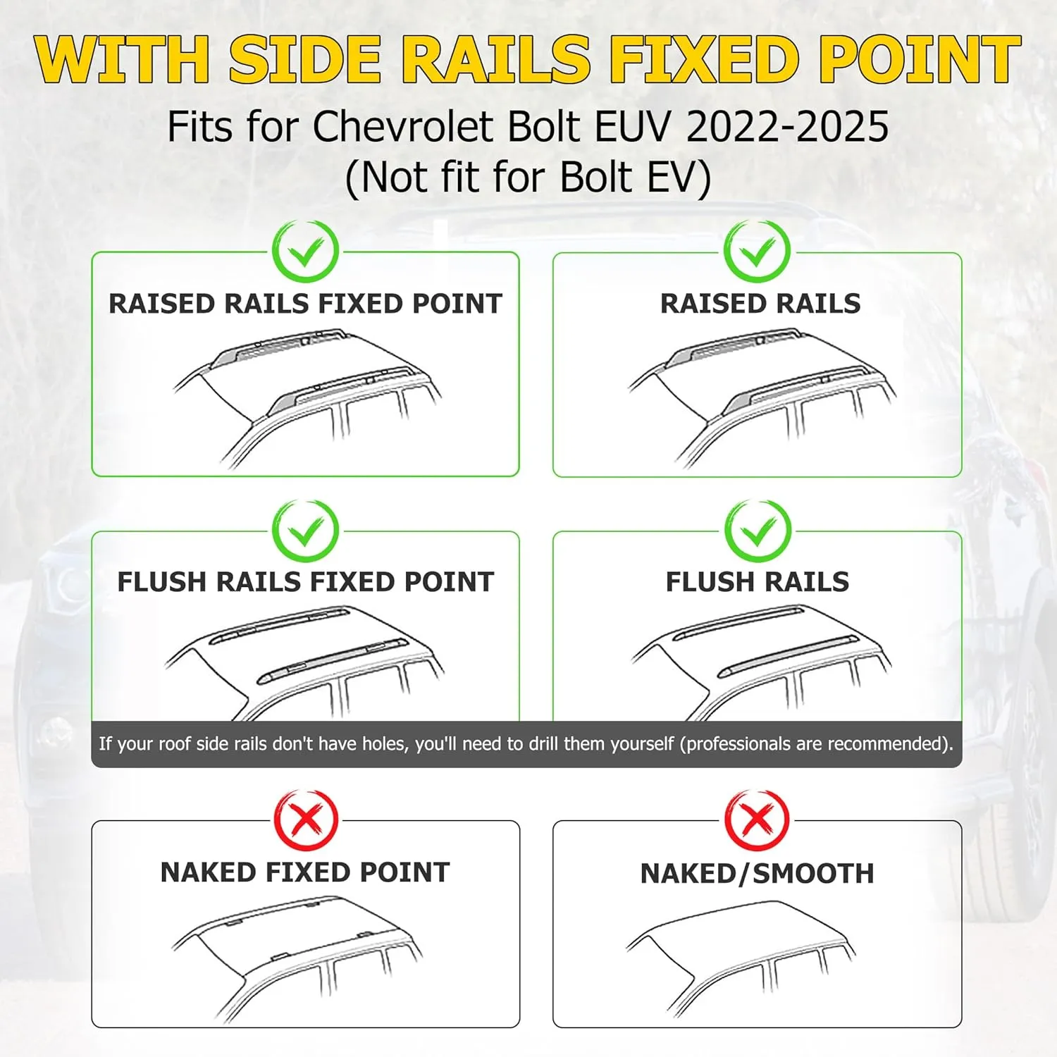 AUXMART Roof Rack Cross Bars fits for Chevrolet Bolt EUV 2022-2025(Not fit for Bolt EV) with Raised Side Rails 220lbs Adjustable Aluminum Crossbars Compatible with Roof Boxes Bags Kayak Bicycle