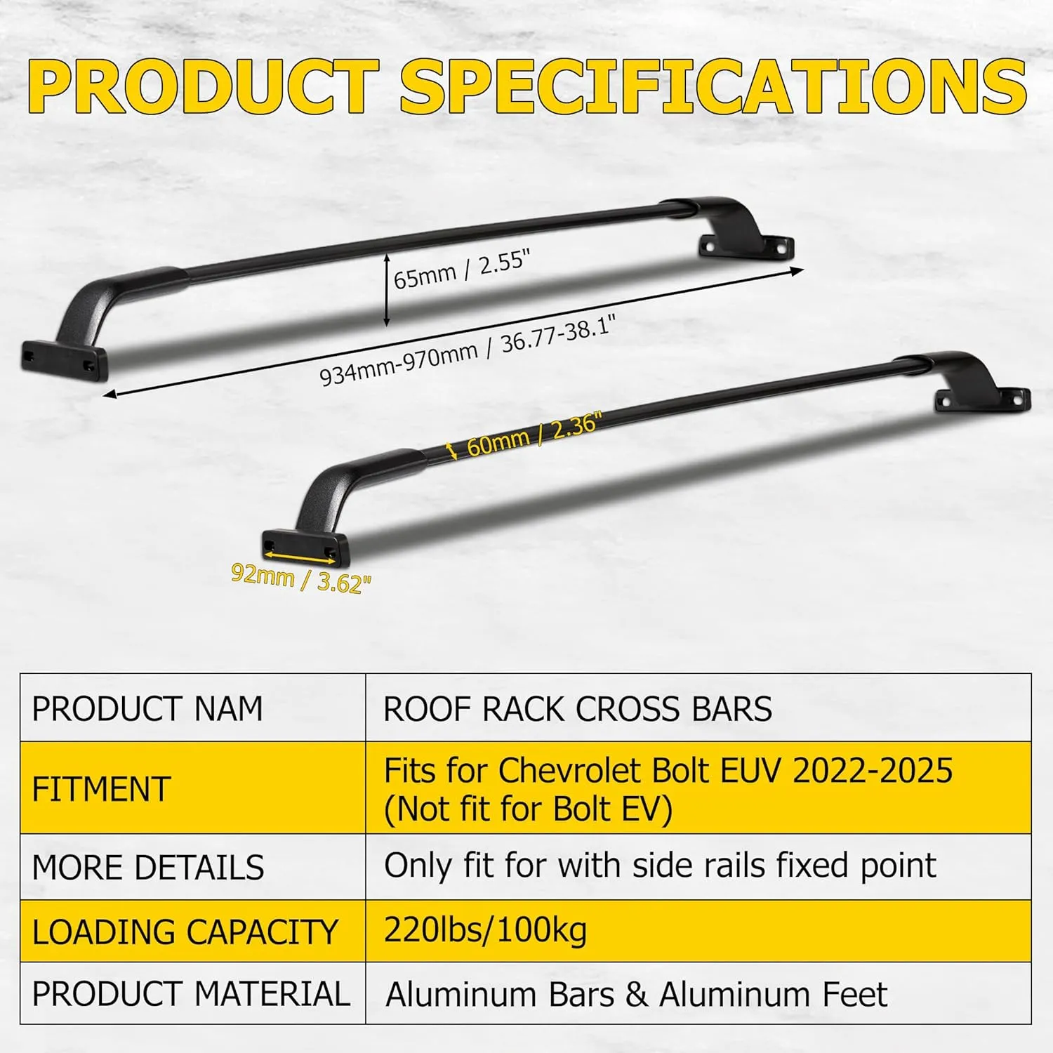 AUXMART Roof Rack Cross Bars fits for Chevrolet Bolt EUV 2022-2025(Not fit for Bolt EV) with Raised Side Rails 220lbs Adjustable Aluminum Crossbars Compatible with Roof Boxes Bags Kayak Bicycle
