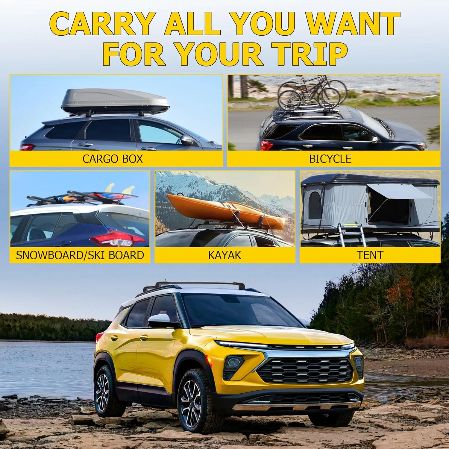 AUXMART Roof Rack Cross Bars fits for Chevrolet Chevy Trax 2RS ACTIV LT 2023 2024 2025 with Side Roof Rails 220lbs Adjustable Aluminum Crossbars Compatible with Roof Boxes Bags Kayak Bicycle Rooftop