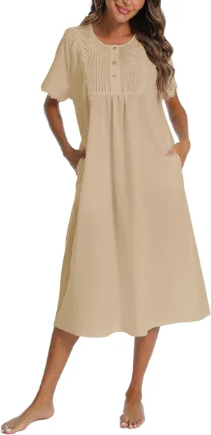 AVIIER 100% Cotton Nightgowns for Women Short Sleeve Night Gown with Pockets