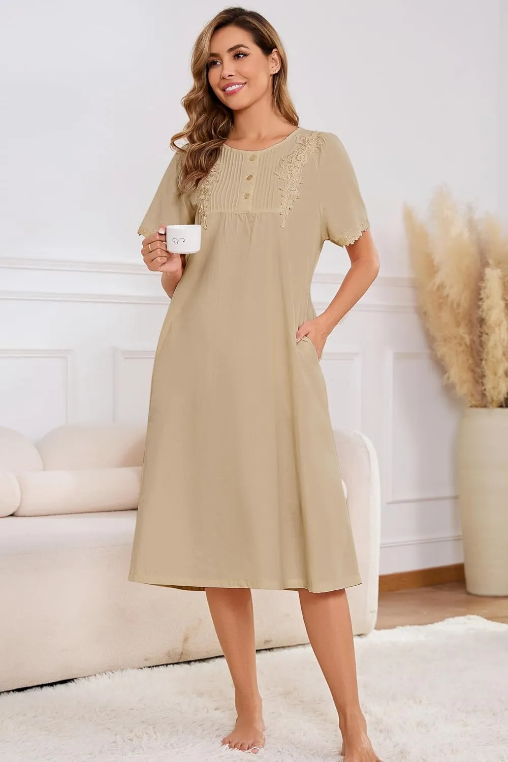 AVIIER 100% Cotton Nightgowns for Women Short Sleeve Night Gown with Pockets