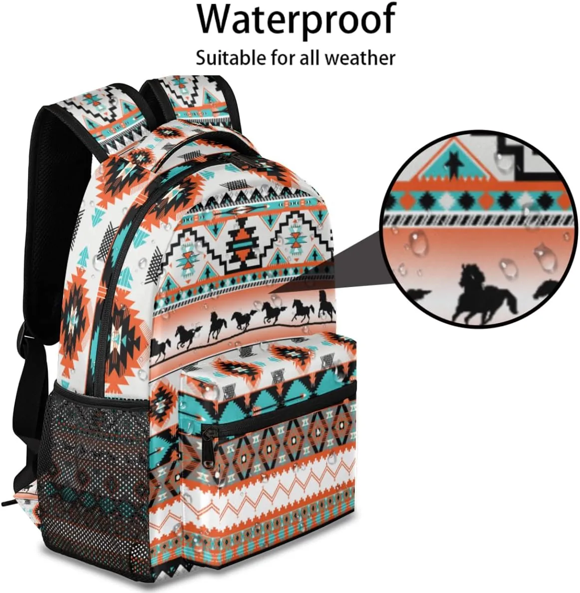 Aztec Backpack for School, Ethnic Western Style Running Horse Laptop Backpack Water Resistant Bookbag for Casual Travel Hiking Camping Outdoor Daypack Shoulder Bag for Teenager Boys Girls Kids